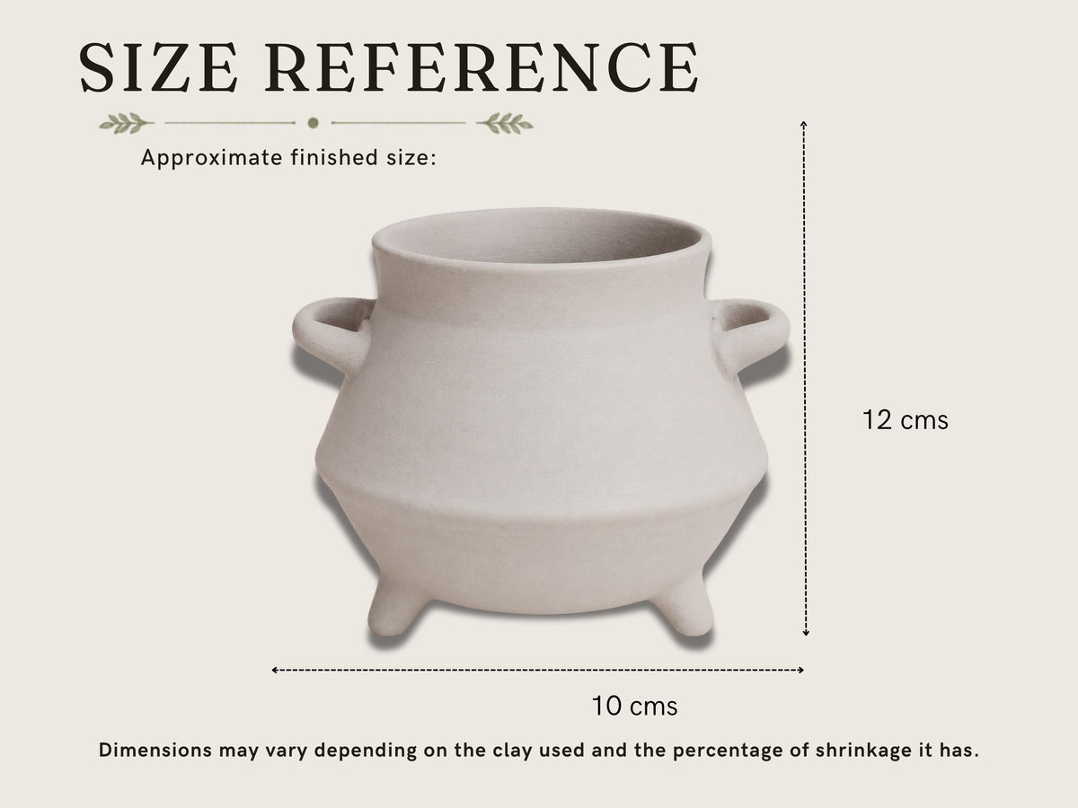 a pottery piece, likely a vase or a bowl, with dimensions provided in cm. The pottery piece appears to be made of a light-colored material, possibly clay. The dimensions are 10 cm in height, 12 cm in width, and 10 cm in depth. The image also includes a reference to the pottery piece being approximately finished, which suggests that it has been crafted and is ready for use.