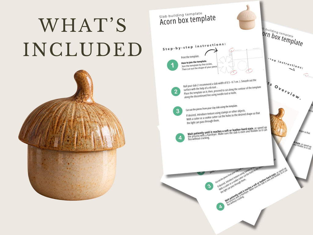 a ceramic acorn-shaped container with a spout, along with a step-by-step building template for an acorn box.