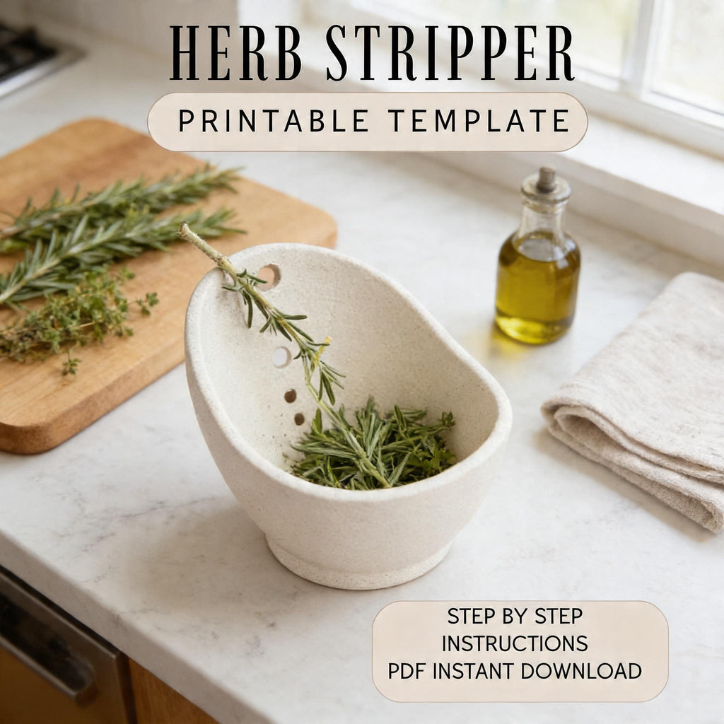 a kitchen counter with a cutting board, a bowl of fresh herbs, and a bottle of oil. The text overlay provides a printable template for a herb stripper, along with instructions for a step-by-step process.