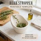 a kitchen counter with a cutting board, a bowl of fresh herbs, and a bottle of oil. The text overlay provides a printable template for a herb stripper, along with instructions for a step-by-step process.