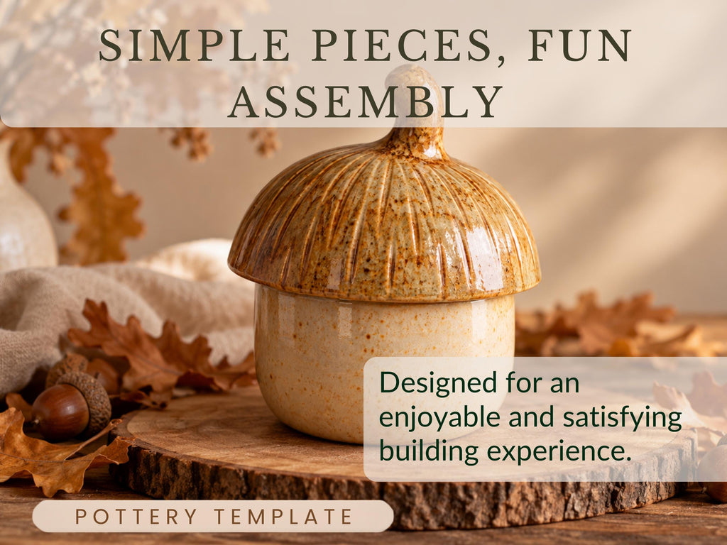 a ceramic piece, possibly a bowl or vase, with a text overlay that reads "Simple pieces, fun assemble" and "Designed for an enjoyable and satisfying building experience."