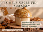 a ceramic piece, possibly a bowl or vase, with a text overlay that reads "Simple pieces, fun assemble" and "Designed for an enjoyable and satisfying building experience."