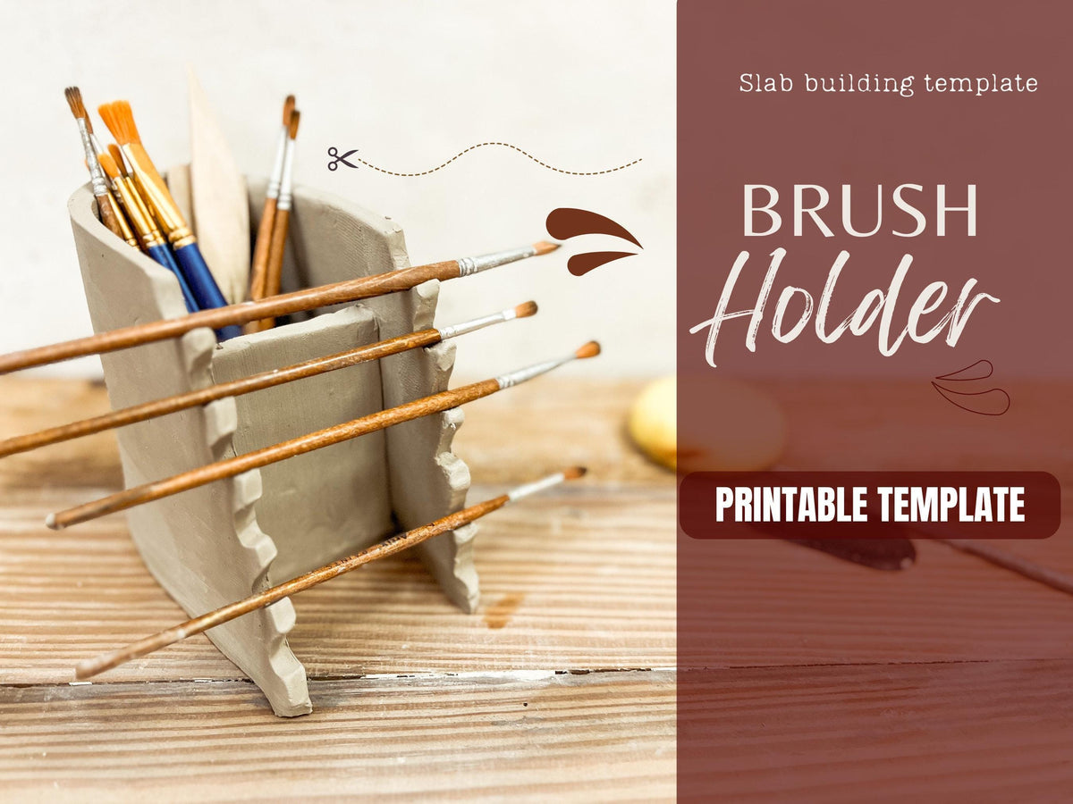 A wooden surface with a concrete brush holder containing multiple paintbrushes.