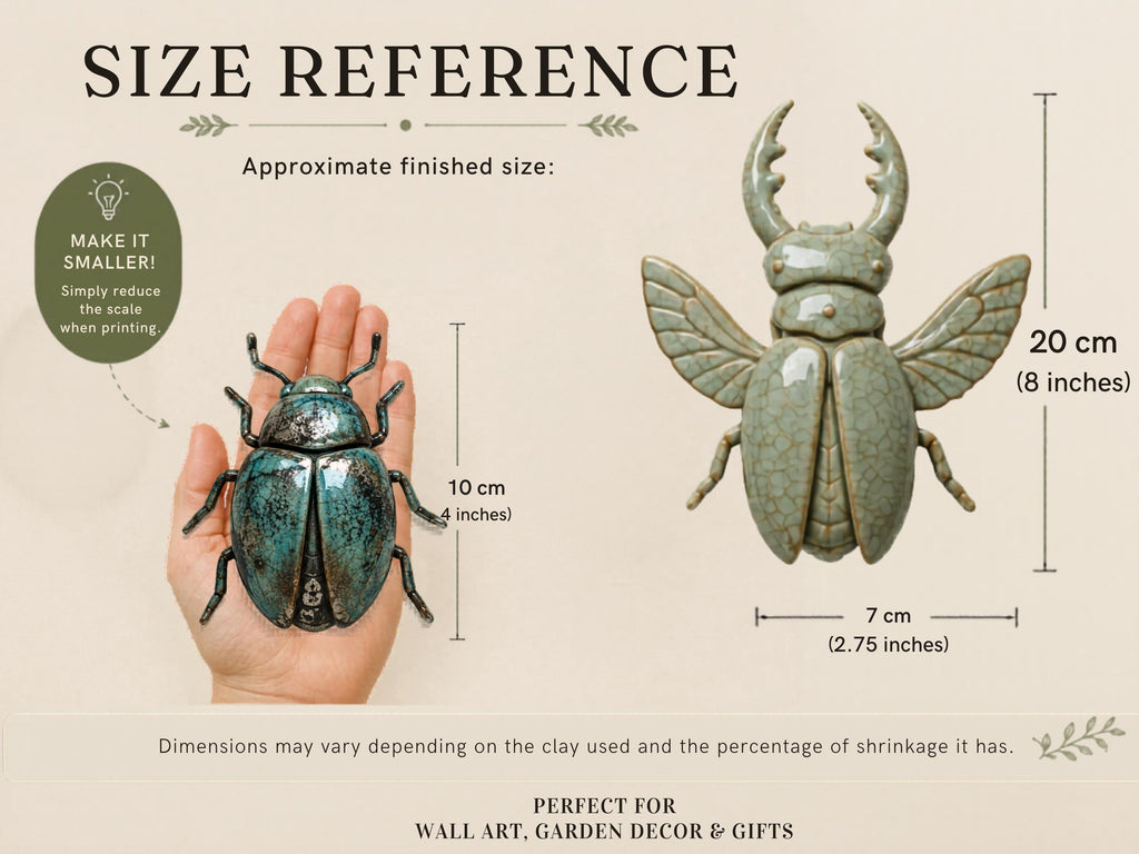 The image is a size reference for wall art, garden decor, and gifts. It features two ceramic insects, one larger and one smaller, along with their dimensions and a description of the insects.