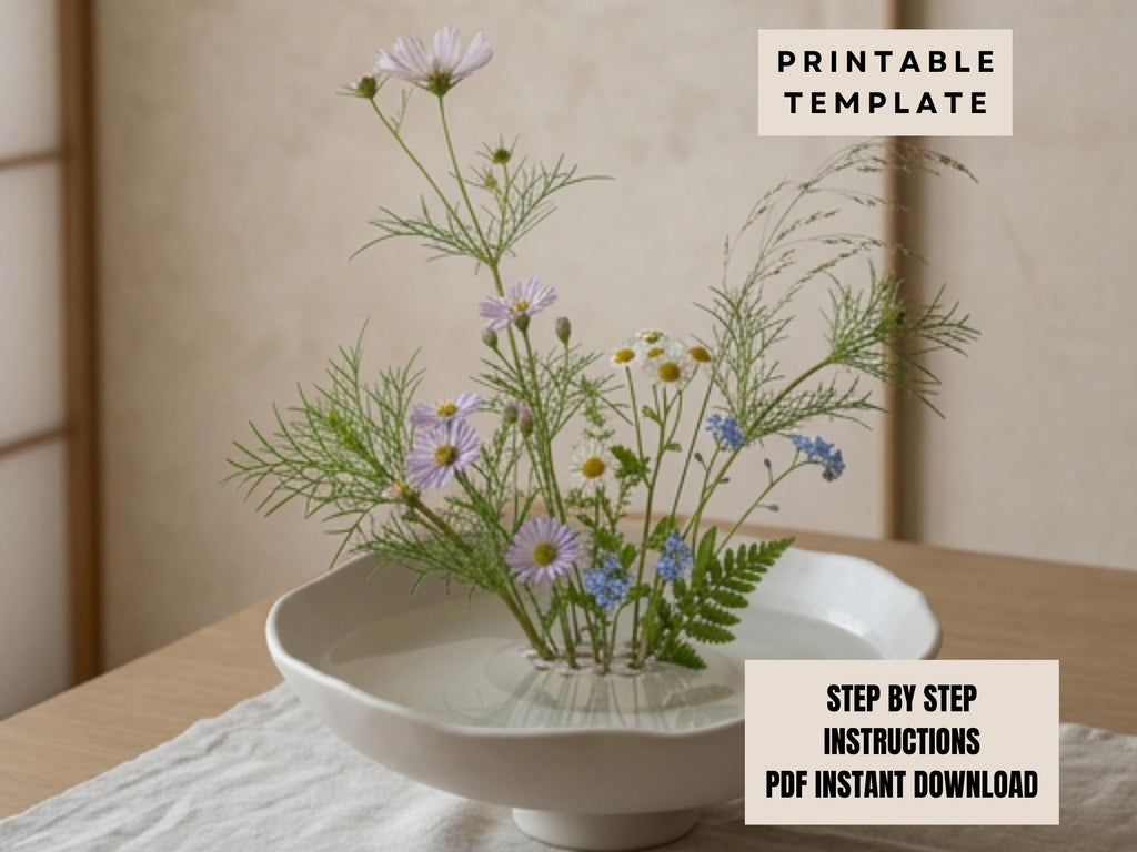 a white bowl filled with a variety of colorful flowers, including purple and blue blooms, placed on a wooden surface.