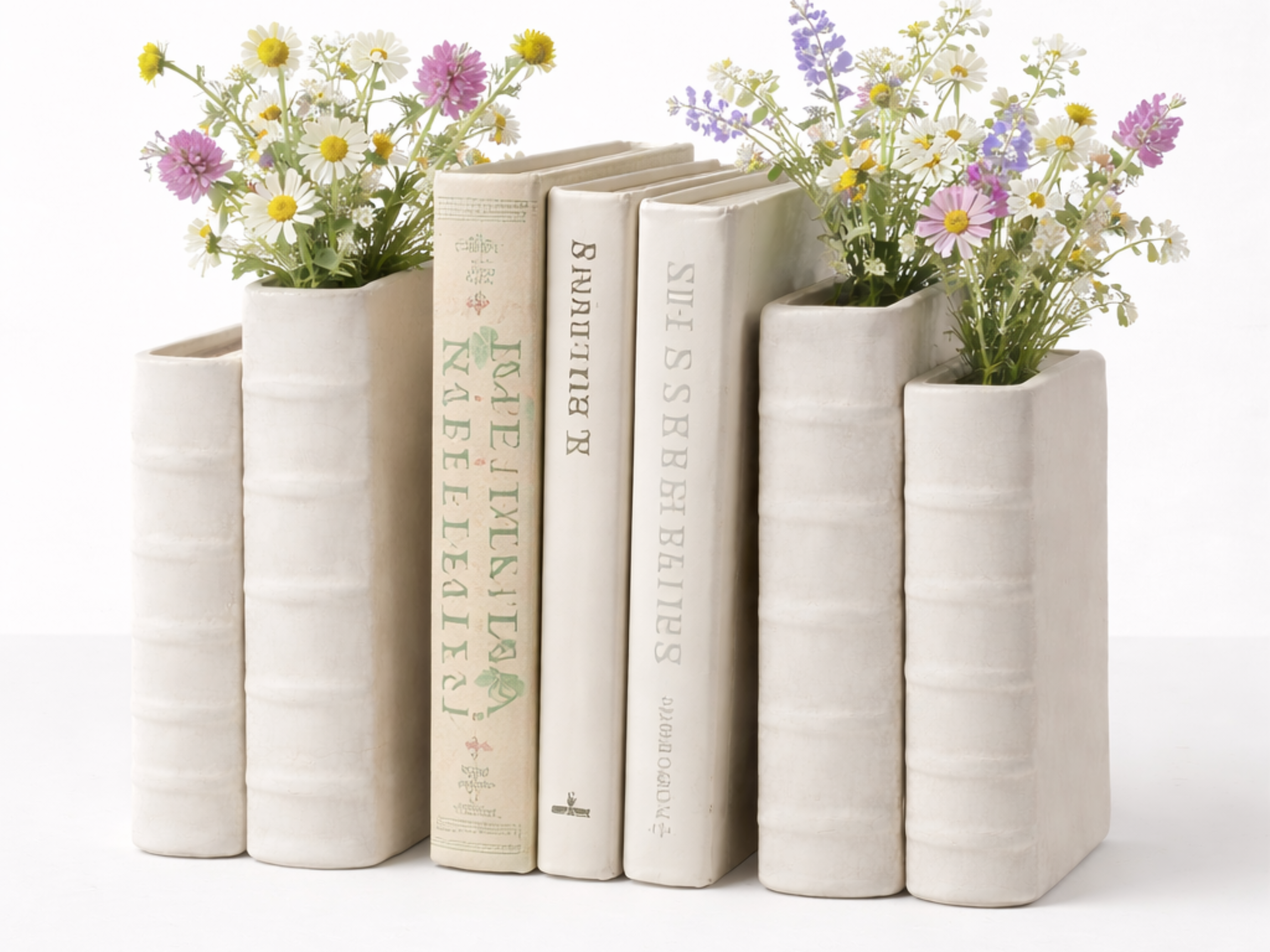 A set of white books with flowers planted in the vases, arranged in a row.