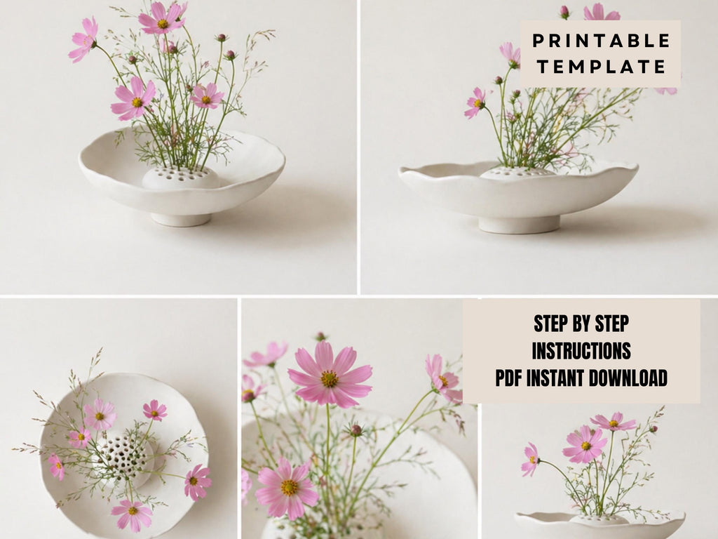 The image is a collage of four photos featuring a white ceramic bowl with pink flowers arranged in it. The collage includes close-up shots of the flowers and the bowl, as well as a larger image of the bowl with flowers. The collage also includes text that provides instructions for creating a similar floral arrangement, suggesting that the images are intended to guide the viewer through the process of creating a similar design.