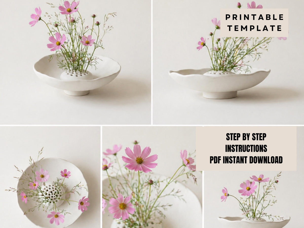 The image is a collage of four photos featuring a white ceramic bowl with pink flowers arranged in it. The collage includes close-up shots of the flowers and the bowl, as well as a larger image of the bowl with flowers. The collage also includes text that provides instructions for creating a similar floral arrangement, suggesting that the images are intended to guide the viewer through the process of creating a similar design.