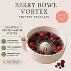 The image is an advertisement for a berry bowl vortex, a kitchen appliance that creates a gentle water vortex to wash and serve berries. The advertisement features a close-up of the berry bowl with a spoon inside, and it includes text and images to describe the product.