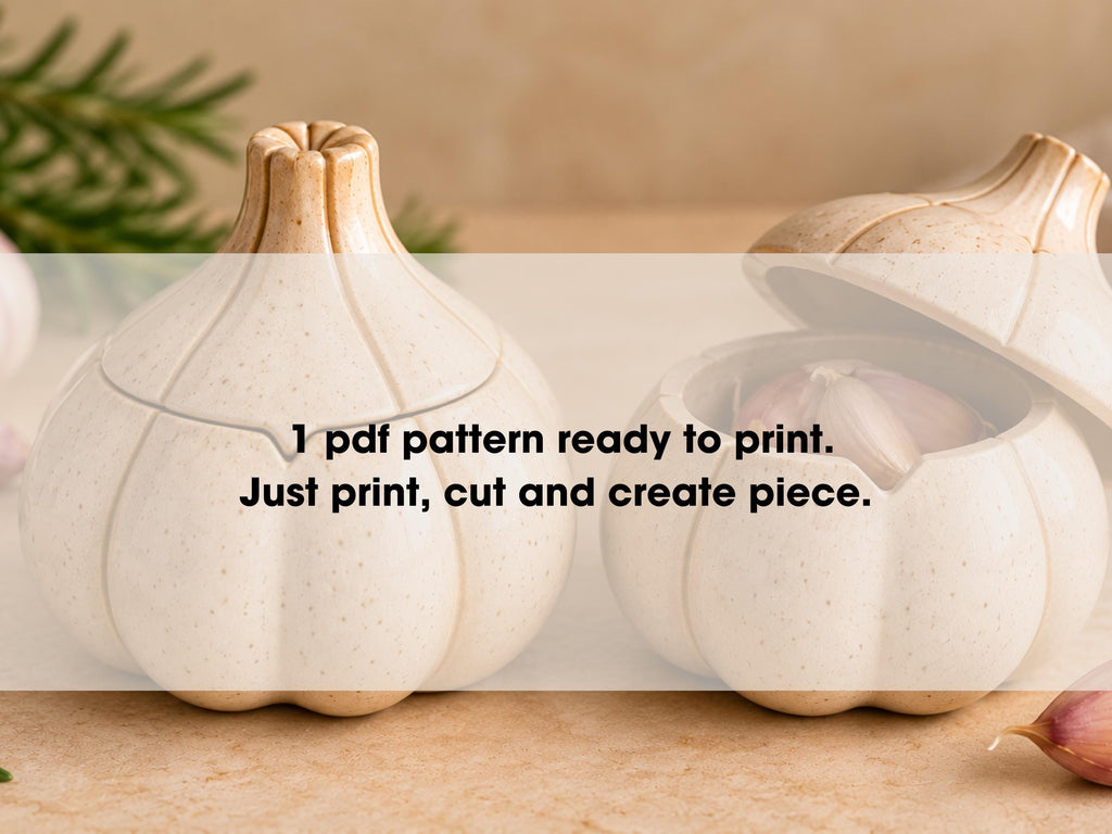 two white ceramic garlic bulbs with text overlaid, instructing to print a pattern, cut, and create a piece.