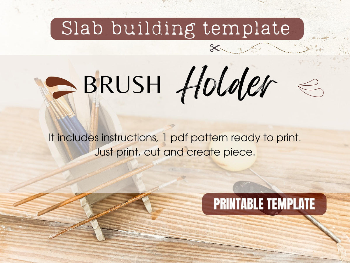 The image is a printed template for a "Brush Holder" that includes instructions for creating a pattern to print and cut out, along with a list of materials needed.