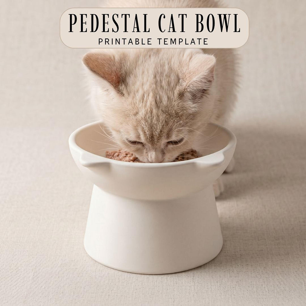 A small, light-colored cat is eating from a white, round cat bowl placed on a beige surface.