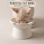 A small, light-colored cat is eating from a white, round cat bowl placed on a beige surface.