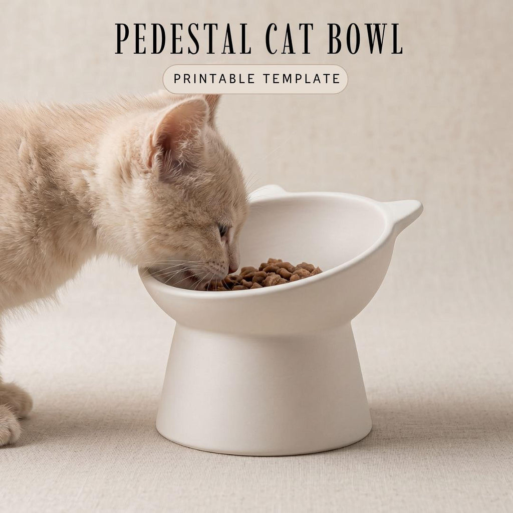 A light-colored cat is eating food from a white, round, cat bowl.