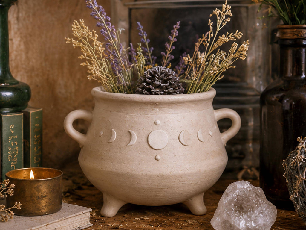 A white ceramic pot with a decorative design sits on a wooden surface, filled with a variety of dried flowers and a pine cone.