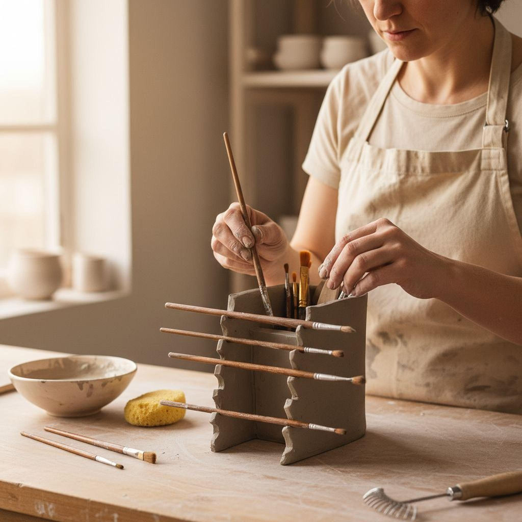 A woman is working on a pottery project, using various tools and materials on a wooden table.