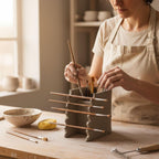 A woman is working on a pottery project, using various tools and materials on a wooden table.