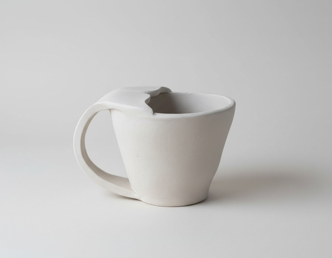 A white ceramic mug with a handle, sitting on a plain white background.