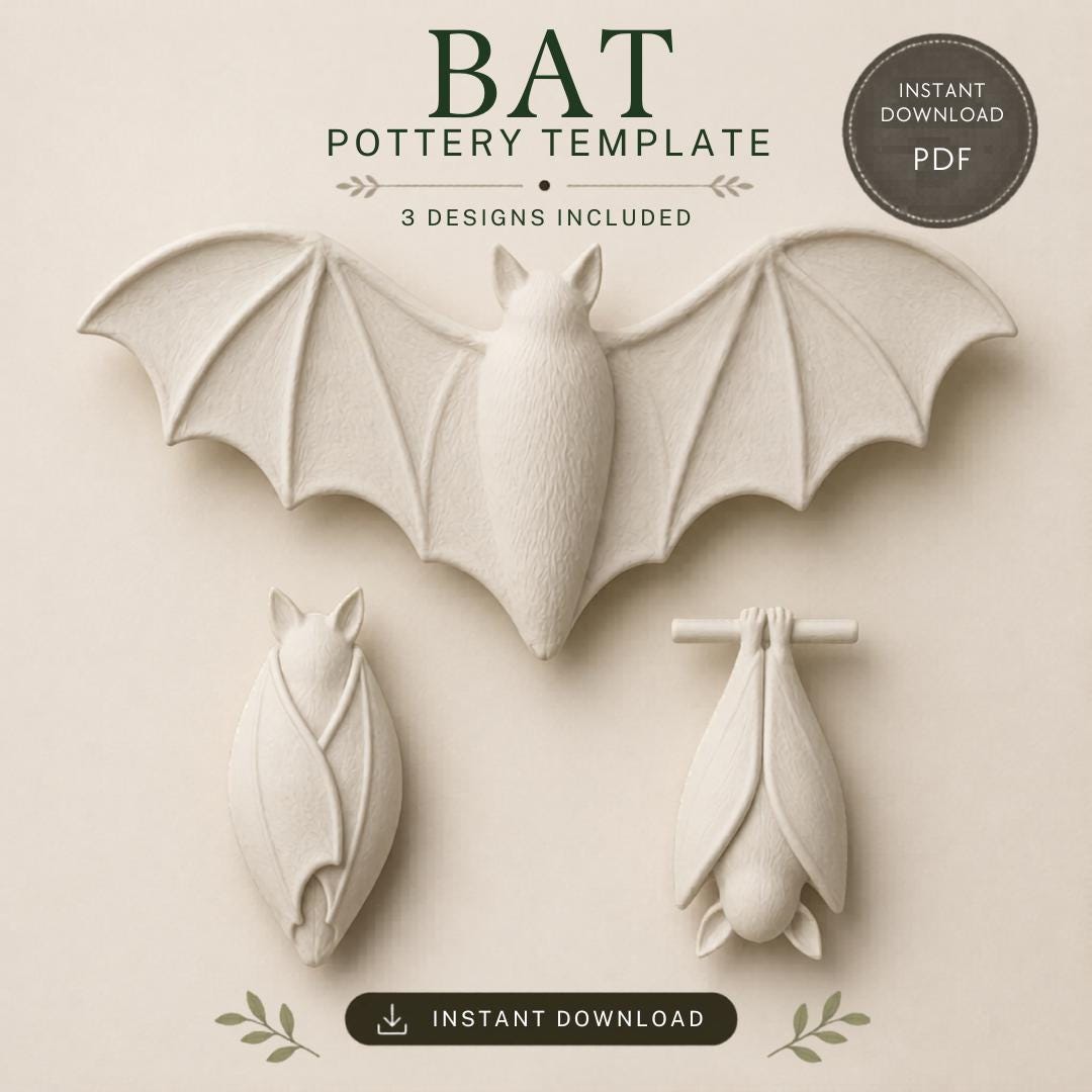Bat Pottery Template, 3 PDF Bat Designs, Slab-Building Pattern A4