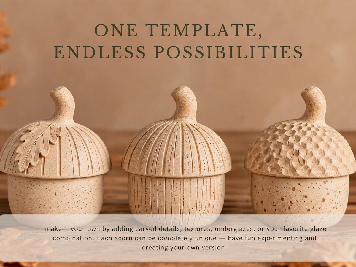 three carved acorn-shaped objects, each with unique designs and details, arranged in a row.