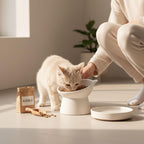 A person is feeding a small, light-colored kitten from a white bowl, with a bag of Kibble cat food nearby.