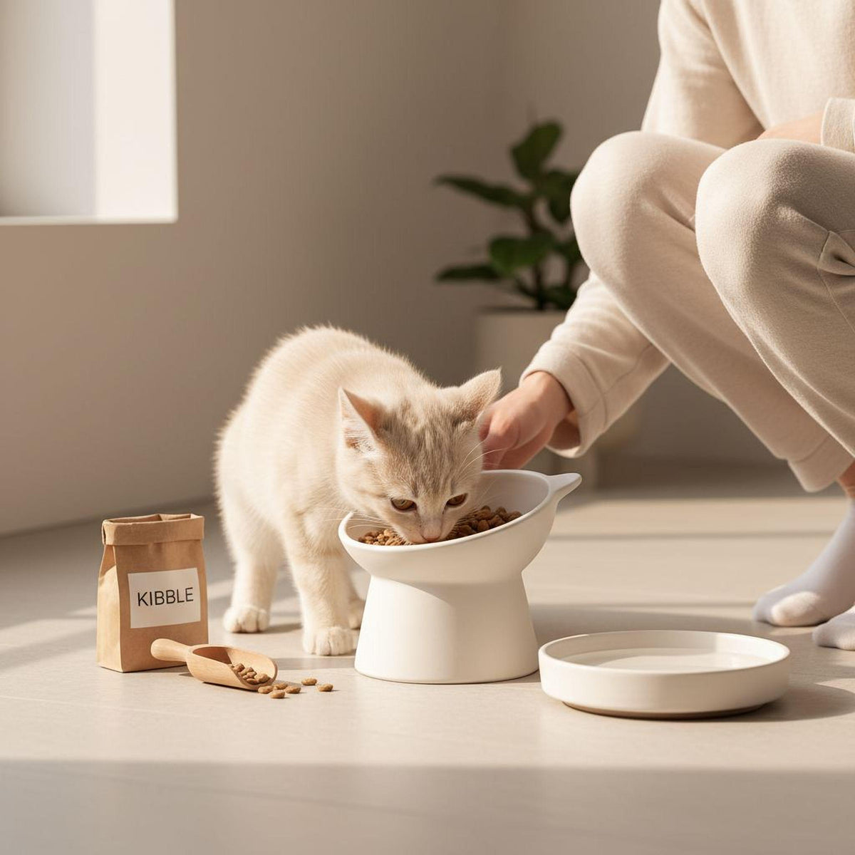 A person is feeding a small, light-colored kitten from a white bowl, with a bag of Kibble cat food nearby.