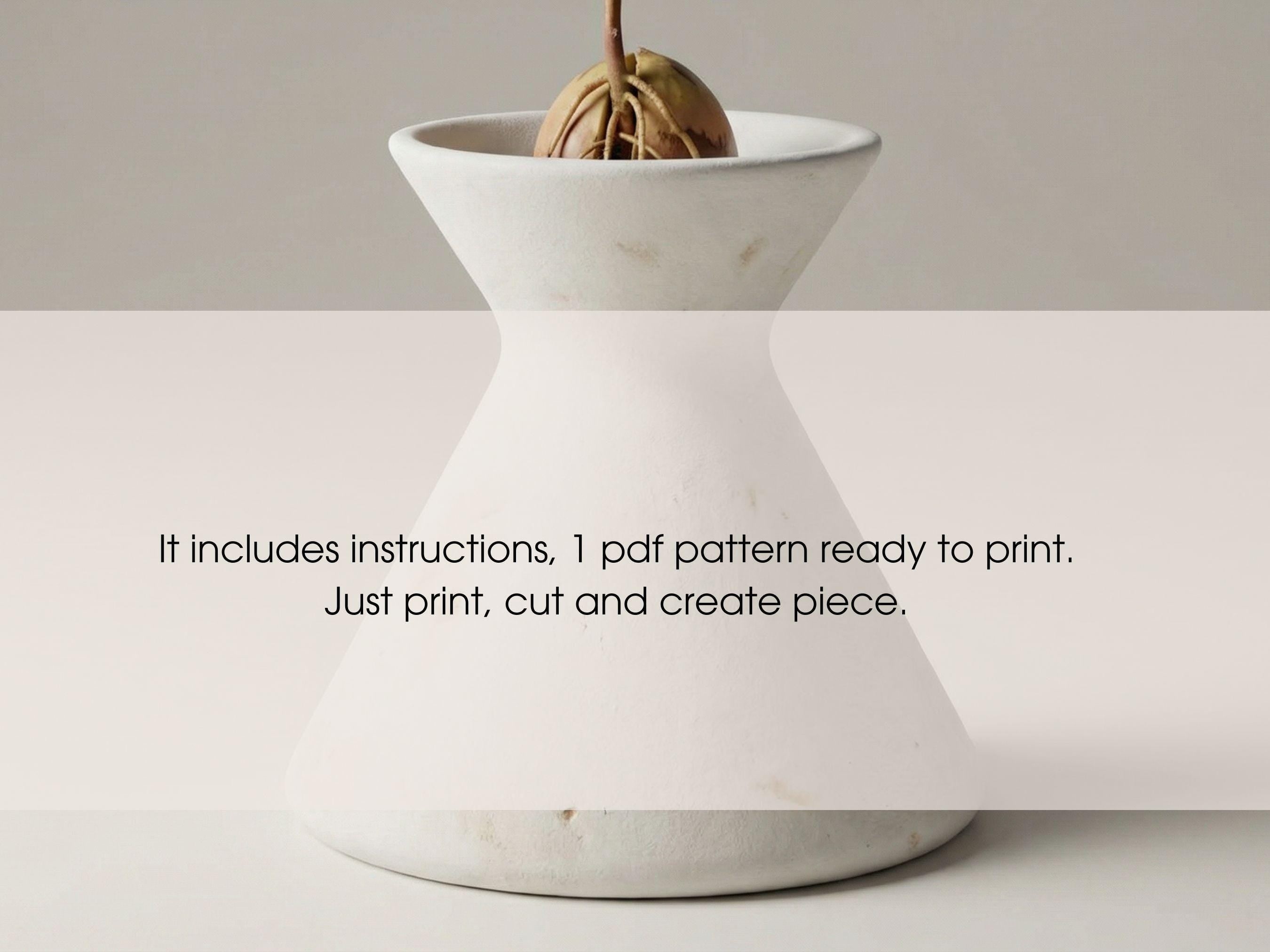 A white ceramic vase with a plant growing in it, accompanied by instructions for creating a similar piece.