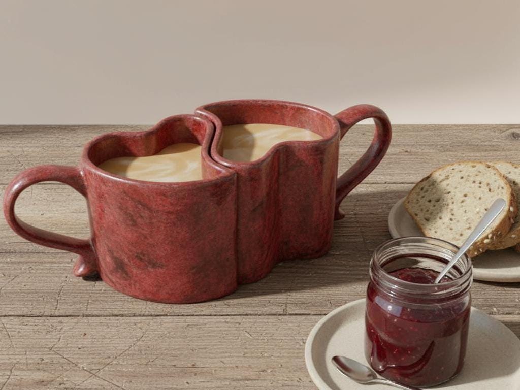 A rustic wooden table with two heart-shaped red mugs filled with a warm beverage, accompanied by a jar of jam and a slice of bread.