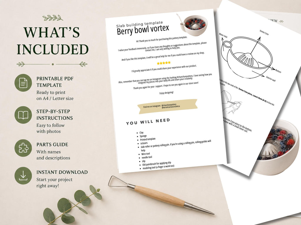 The image includes a printed template for a berry bowl vortex, along with a step-by-step instructions guide, a parts guide, and a printable PDF template. The guide provides detailed instructions for creating a berry bowl vortex, including a list of required materials and a step-by-step guide. The template is available in both print and digital formats, and it includes a list of parts and a list of instructions. The guide also provides a printable PDF version of the template.