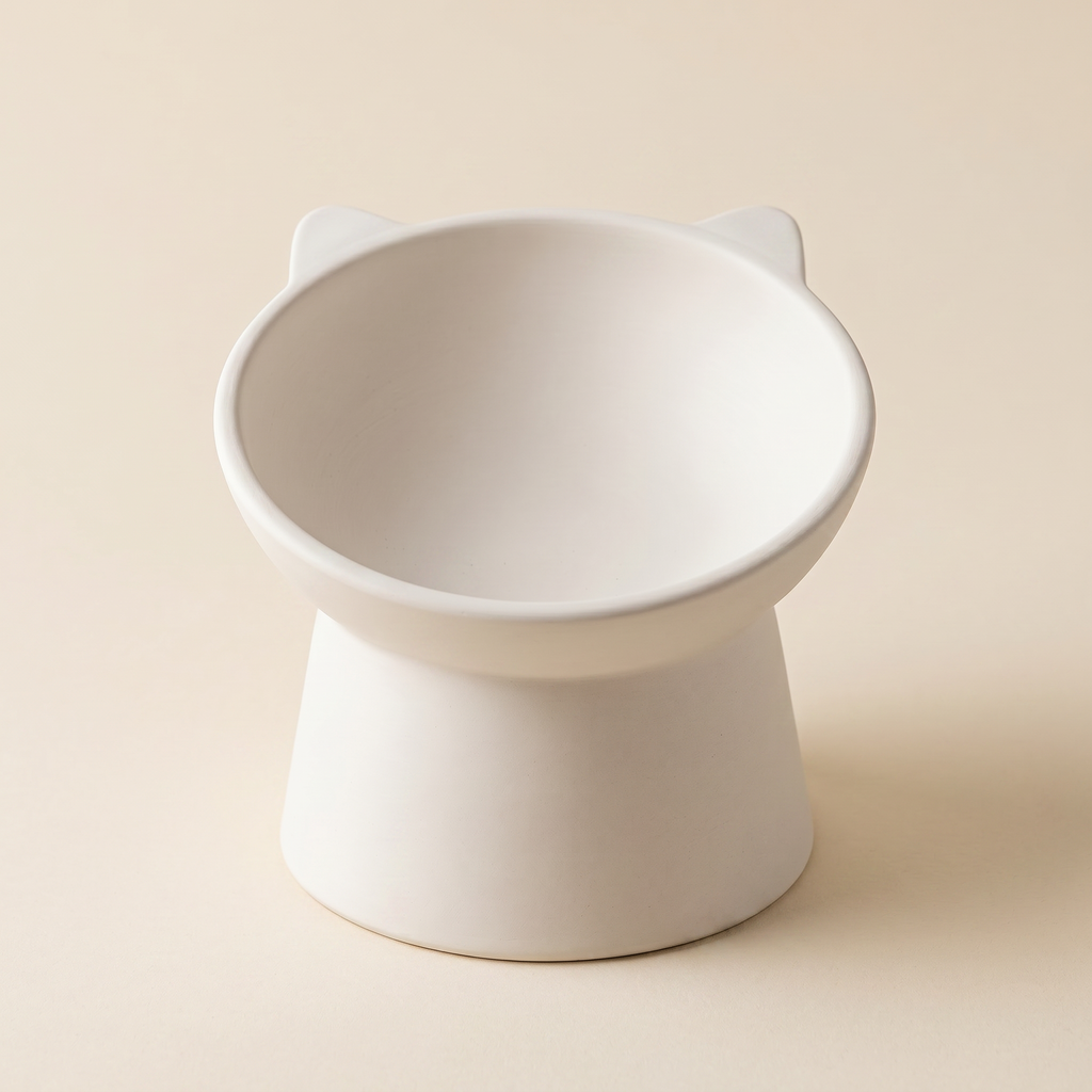 A white ceramic cat food dish with a simple, minimalist design.