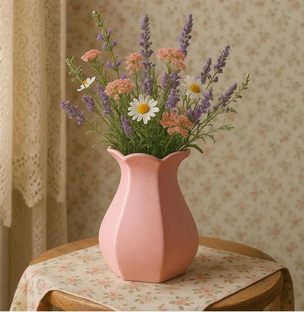 A pink vase filled with a variety of colorful flowers, including daisies and lavender, sits on a wooden table.