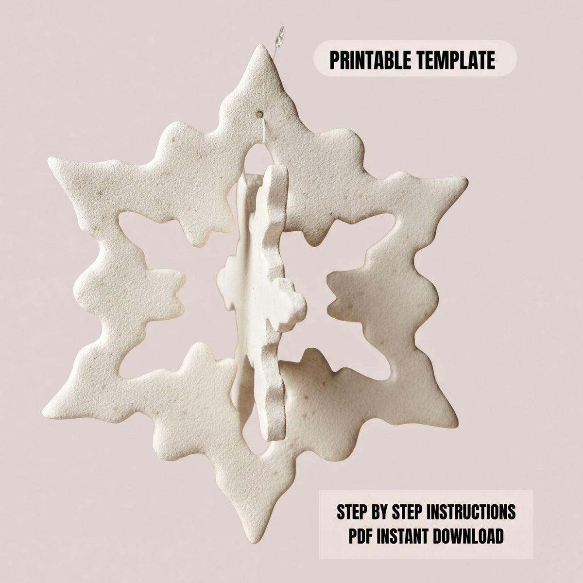 The image is a white snowflake ornament with a step-by-step instructions for creating a similar ornament.