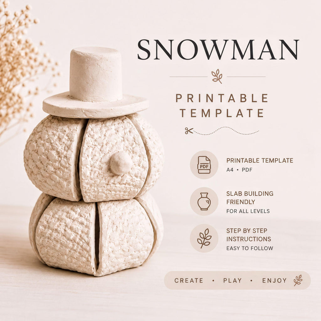 a snowman made of paper or fabric, with a text overlay providing information about a printable template for creating a snowman.