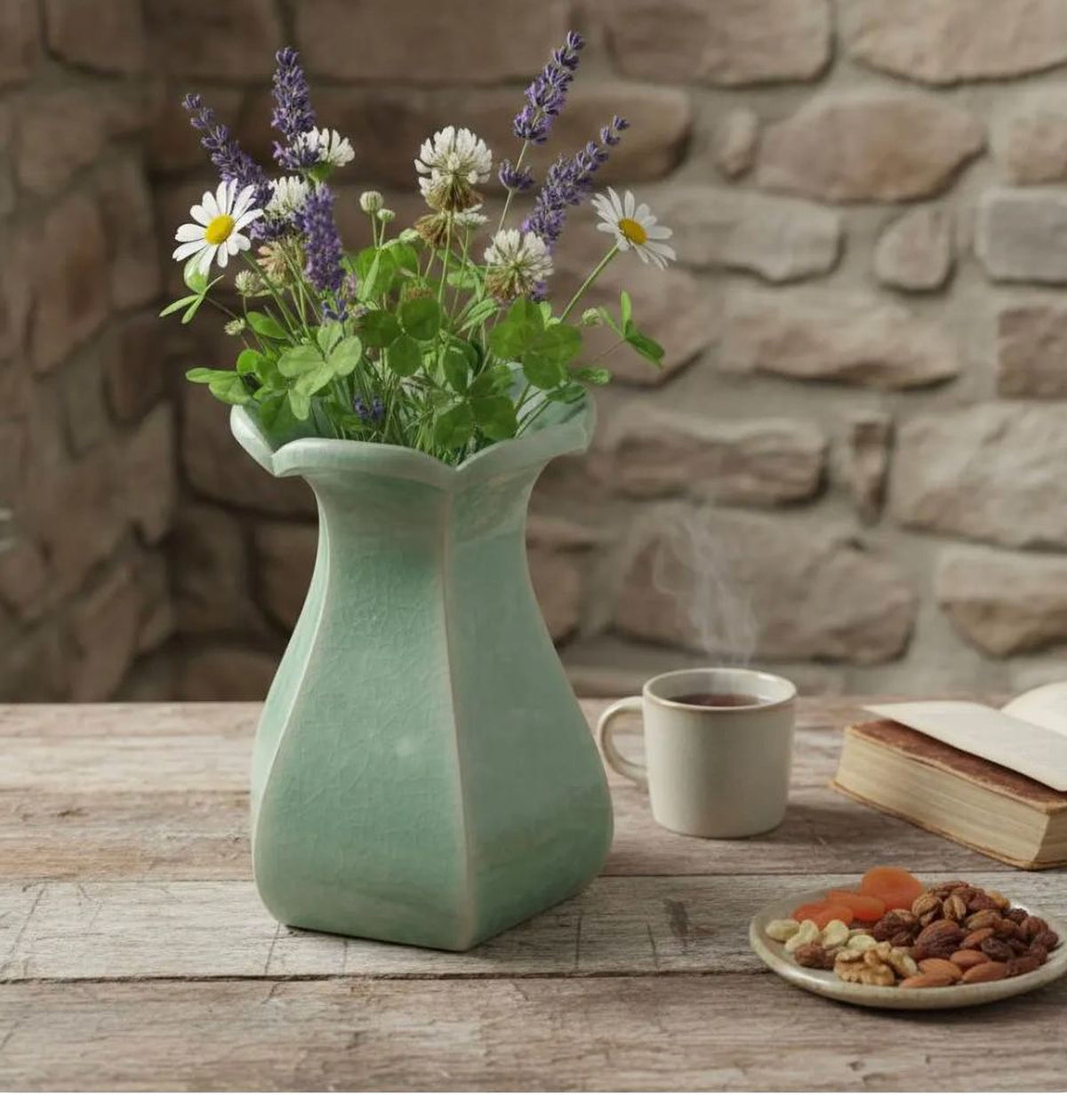 A green ceramic vase filled with purple and white flowers sits on a wooden table, accompanied by a cup of tea, a plate of nuts, and a book.