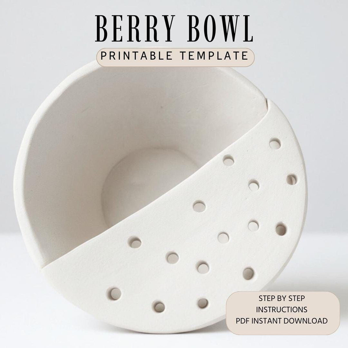 a white ceramic bowl with holes in it, presented as a printable template for creating a berry bowl.