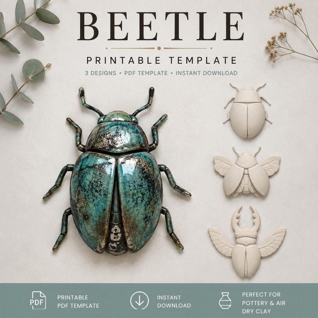 The image is a printable template for creating three different designs of a beetle, including a full-sized model, a winged model, and a winged leg model. The template is designed to be printed and used for creating these insect-inspired designs.