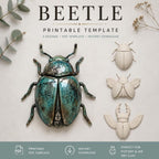 The image is a printable template for creating three different designs of a beetle, including a full-sized model, a winged model, and a winged leg model. The template is designed to be printed and used for creating these insect-inspired designs.