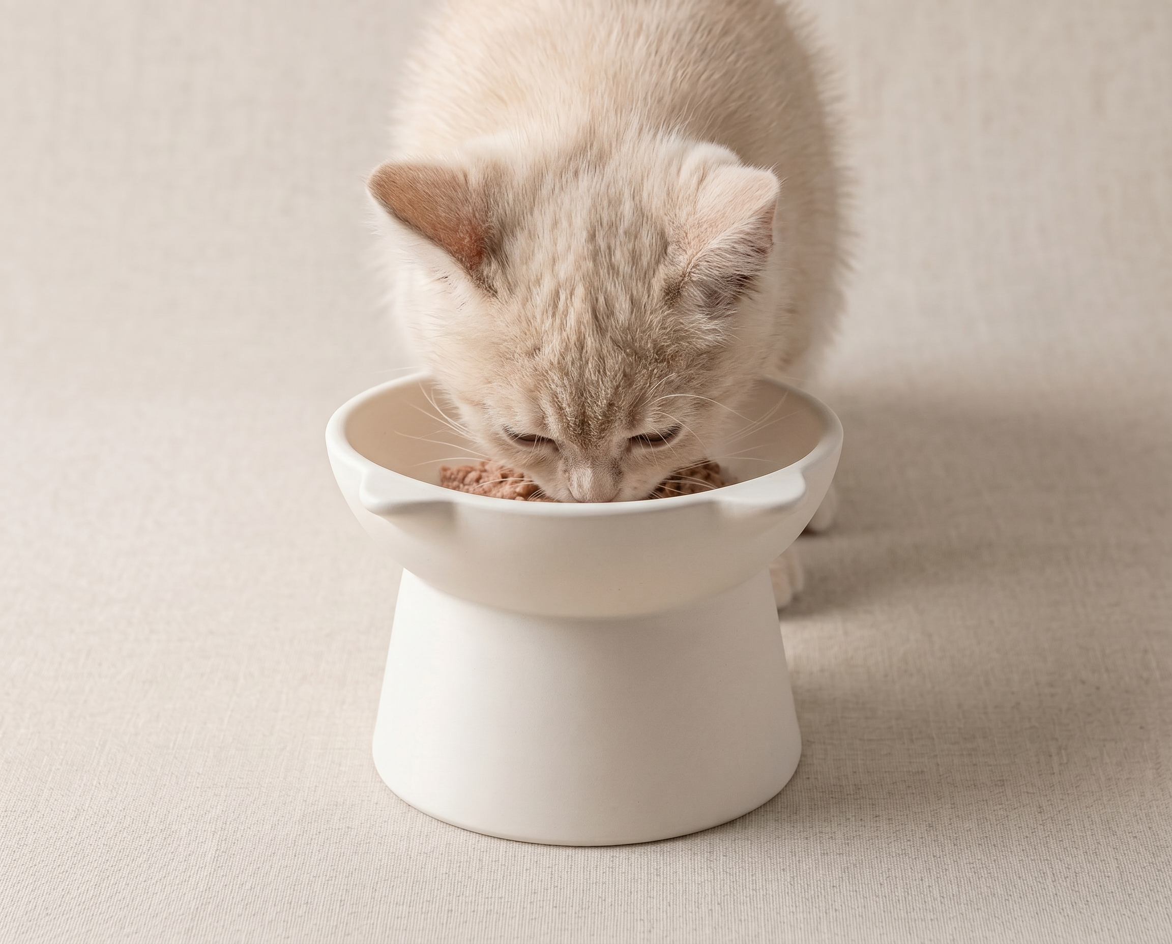 A small, light-colored cat is eating from a white bowl on a beige surface.
