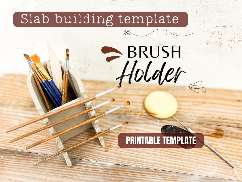 a set of paintbrushes in a wooden holder, along with a brush and a small object on a wooden surface. The image also includes text that reads "Slab building template BRUSH Holder" and "PRINTABLE TEMPLATE", suggesting that this is a template for creating a brush holder.