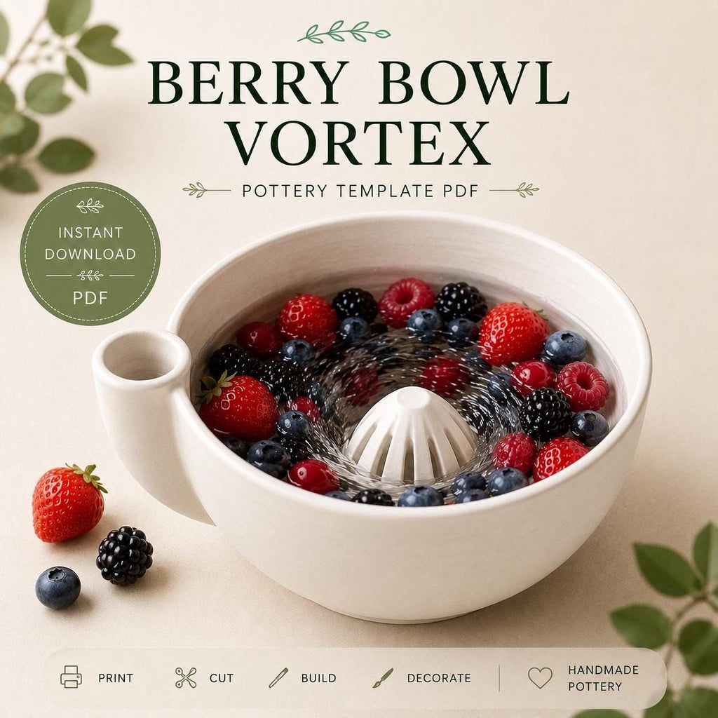 The image is a promotional poster for a berry bowl vortex, a pottery technique that creates a bowl with a swirling pattern of berries. The poster features a close-up of the berry bowl filled with fresh berries, along with a description of the berry bowl vortex and a pottery template available for download.