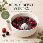 The image is a promotional poster for a berry bowl vortex, a pottery technique that creates a bowl with a swirling pattern of berries. The poster features a close-up of the berry bowl filled with fresh berries, along with a description of the berry bowl vortex and a pottery template available for download.