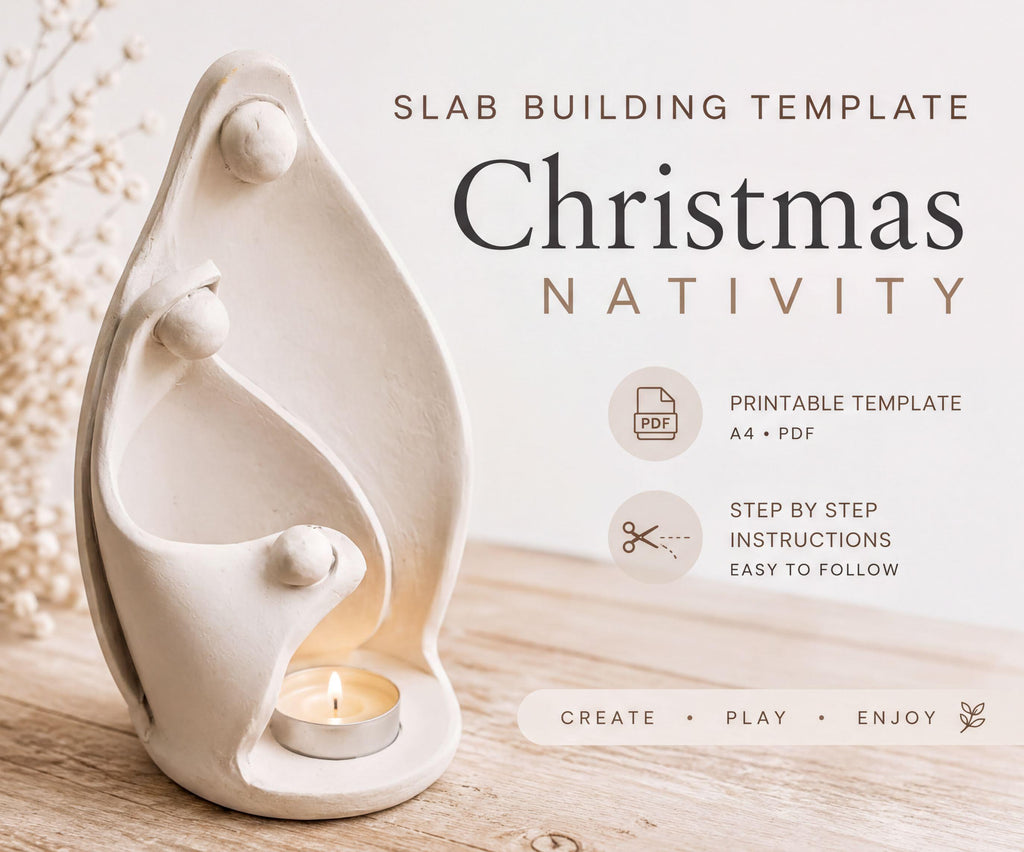 The image is a Christmas Nativity scene with a white ceramic nativity figure and a lit candle, accompanied by text providing a slab building template for creating a Christmas Nativity.