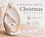 The image is a Christmas Nativity scene with a white ceramic nativity figure and a lit candle, accompanied by text providing a slab building template for creating a Christmas Nativity.