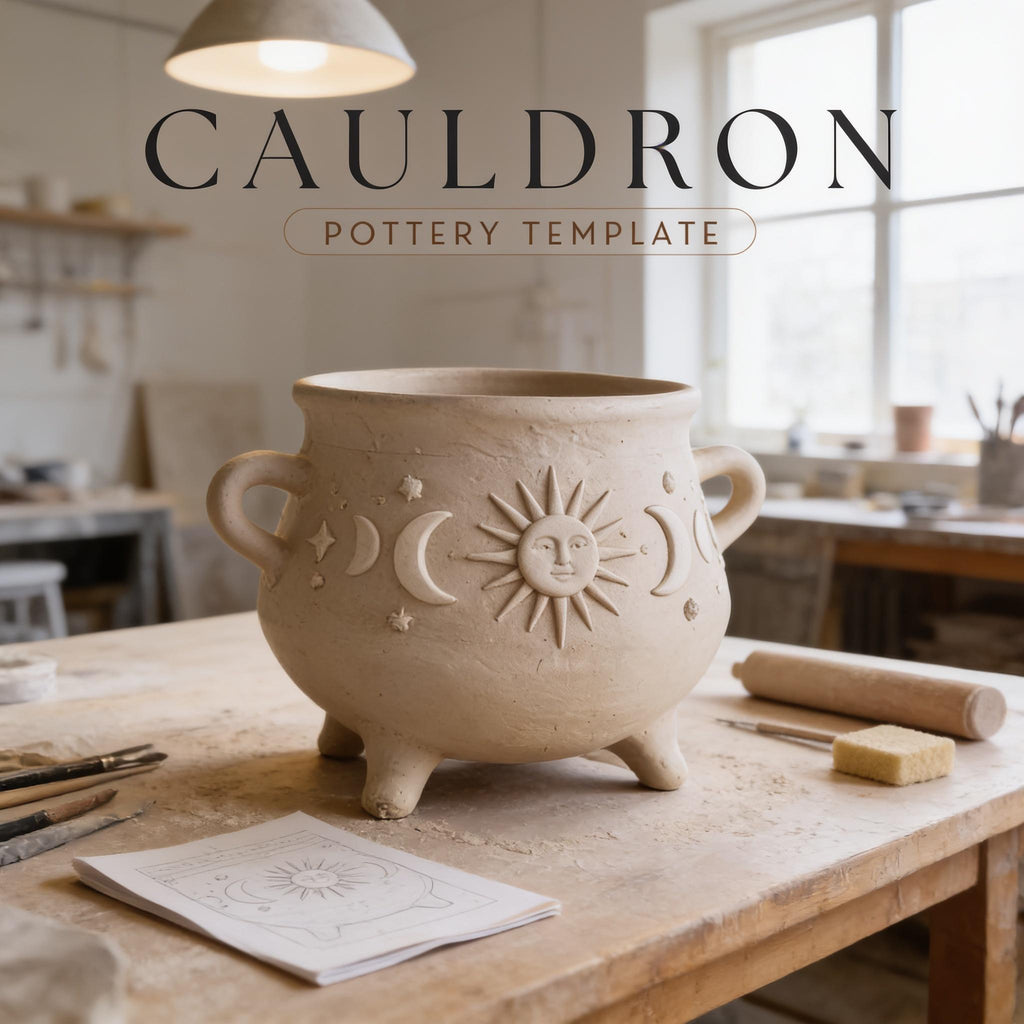 a ceramic pot with a sun and moon design, placed on a wooden table in a pottery studio.