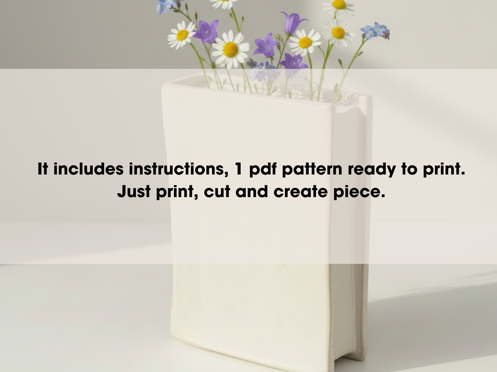 A white vase filled with purple and white flowers sits on a white surface, accompanied by text providing instructions for creating a piece of art using the provided pattern.