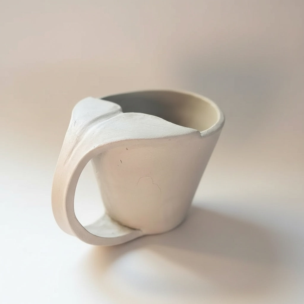 A white ceramic mug with a curved handle, sitting on a plain white surface.