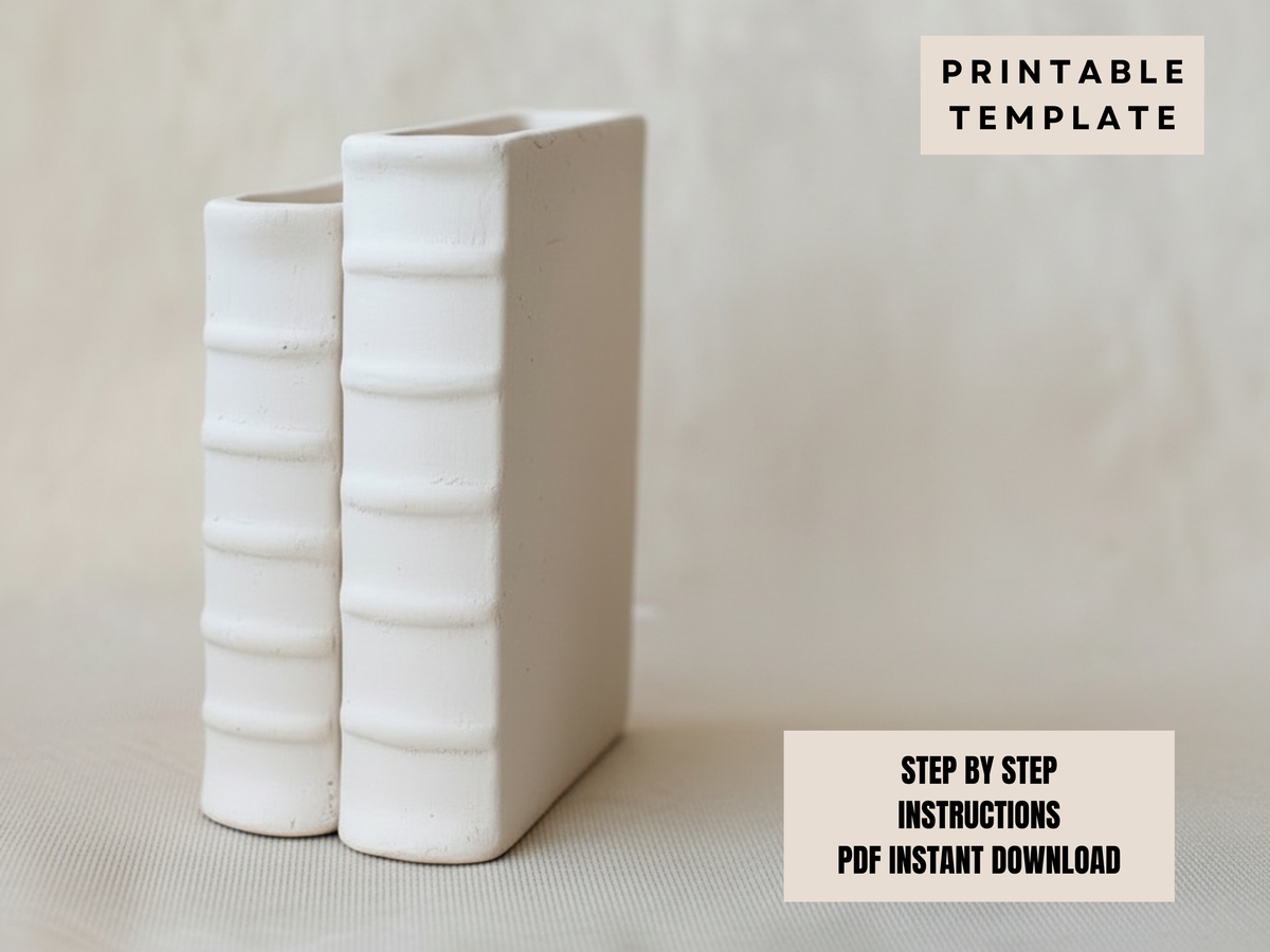 two white books standing upright next to each other, with a text overlay that reads "PRINTABLE TEMPLATE" and "STEP BY STEP INSTRUCTIONS" followed by "PDF INSTANT DOWNLOAD".