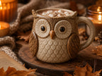 A ceramic mug with an owl design, filled with hot chocolate and topped with marshmallows, sits on a wooden surface surrounded by autumn leaves and candles.