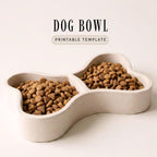 a white dog bowl filled with dog food, placed on a white surface.