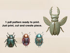 four different colored and patterned insects, including a large green beetle, arranged in a row.